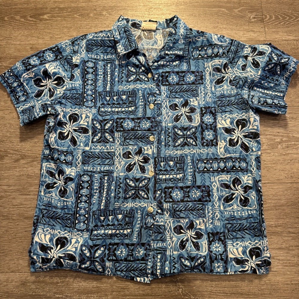 Go Barefoot Hawaiian Shirt Mens Medium Blue Floral Lawn Camp Loop USA‎ Vintage